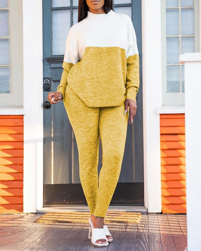 

Colorblock Long Sleeve Top & Skinny Pants Set, Yellow