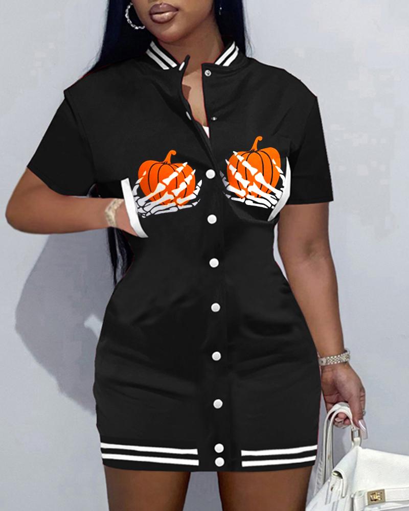 

Halloween Graphic Print Baseball Collar Casual Dress, Black