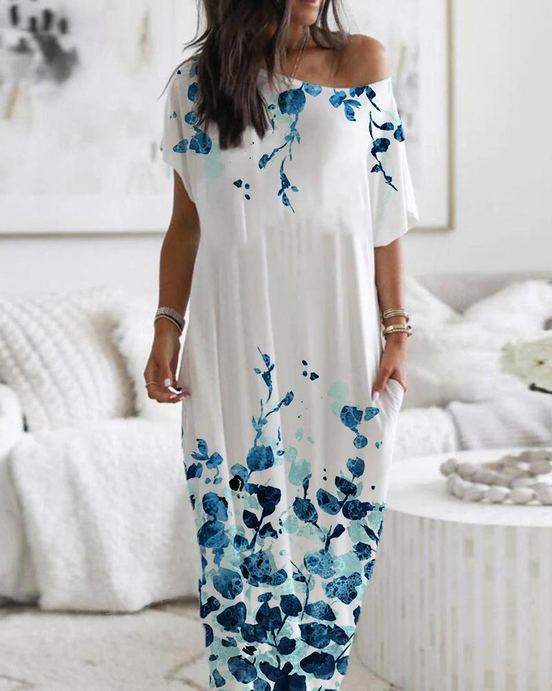 

Plant Print Short Sleeve Maxi Dress, White