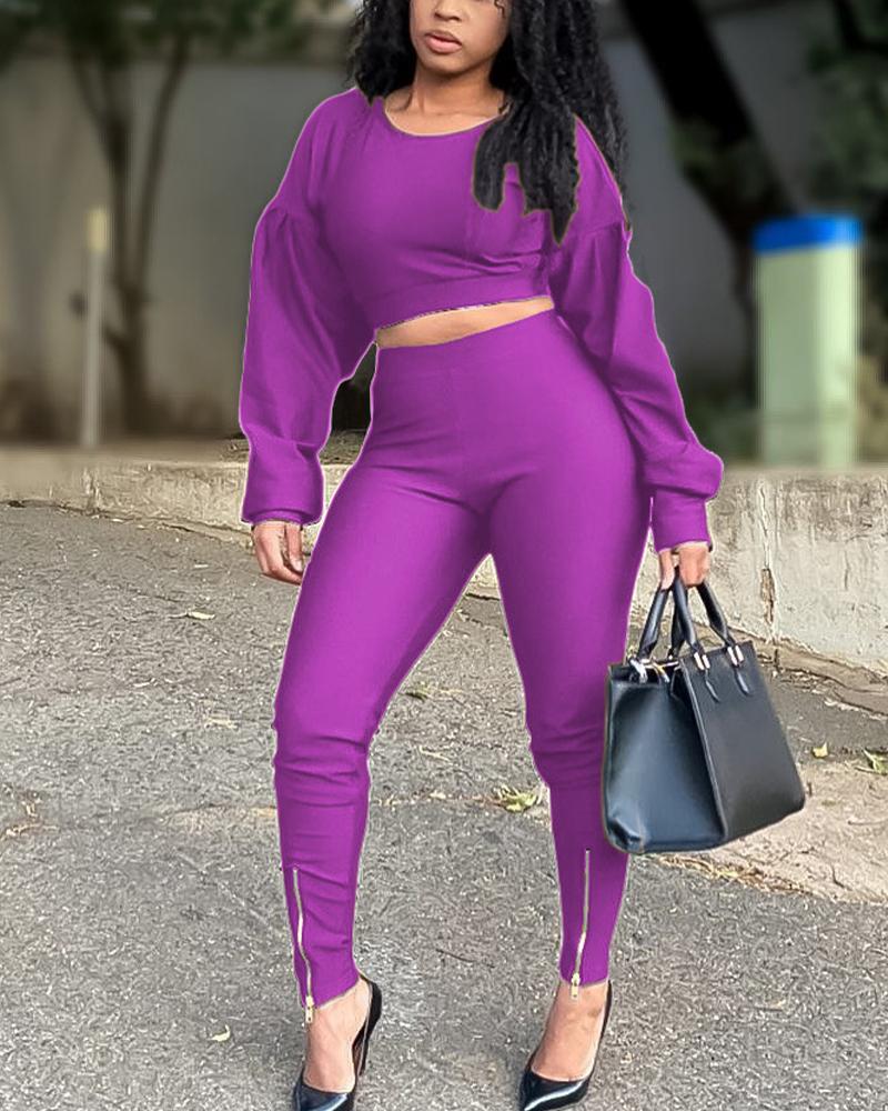 

Puff Sleeve Crop Top & Zipper Hem Pants Set, Purple