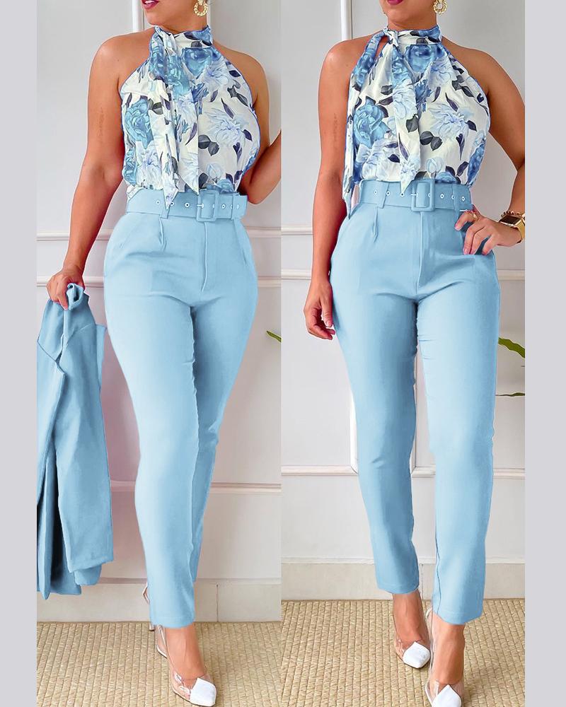 

Floral Print Tank Top & High Waist Pants Set With Belt, Lighted blue