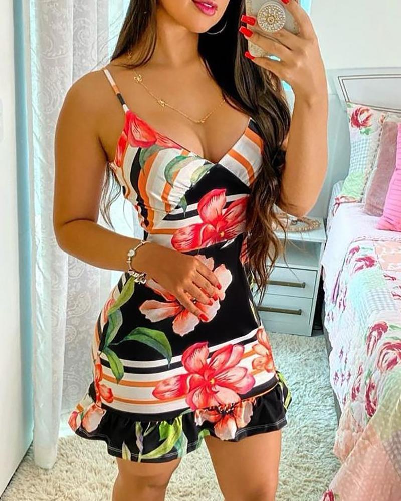 

Floral Print V-Neck Sleeveless Dress, Black