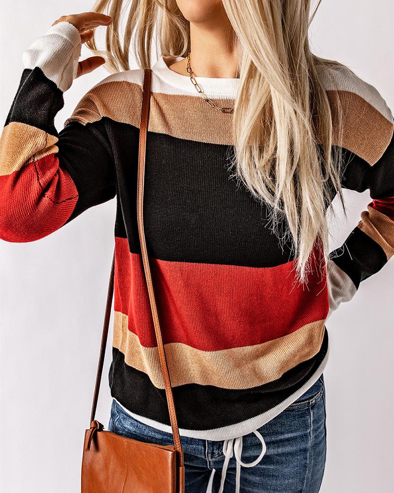 

Colorblock Round Neck Knit Sweater, Red
