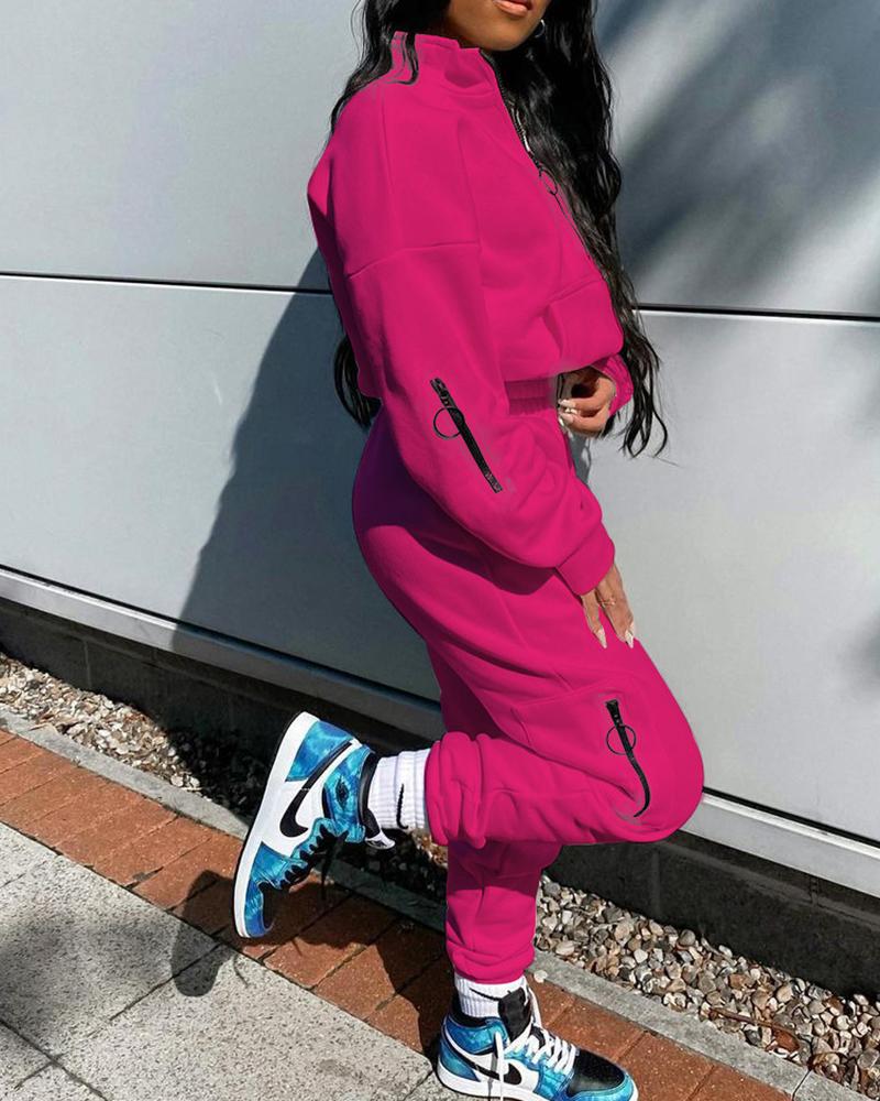 

Pocket Zipper Design Top & Pants Set, Hot pink