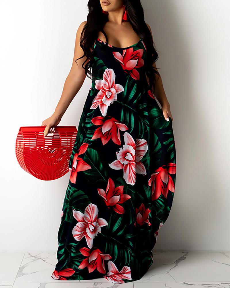 

Backless Tropical Print Sleeveless Maxi Dress, Black