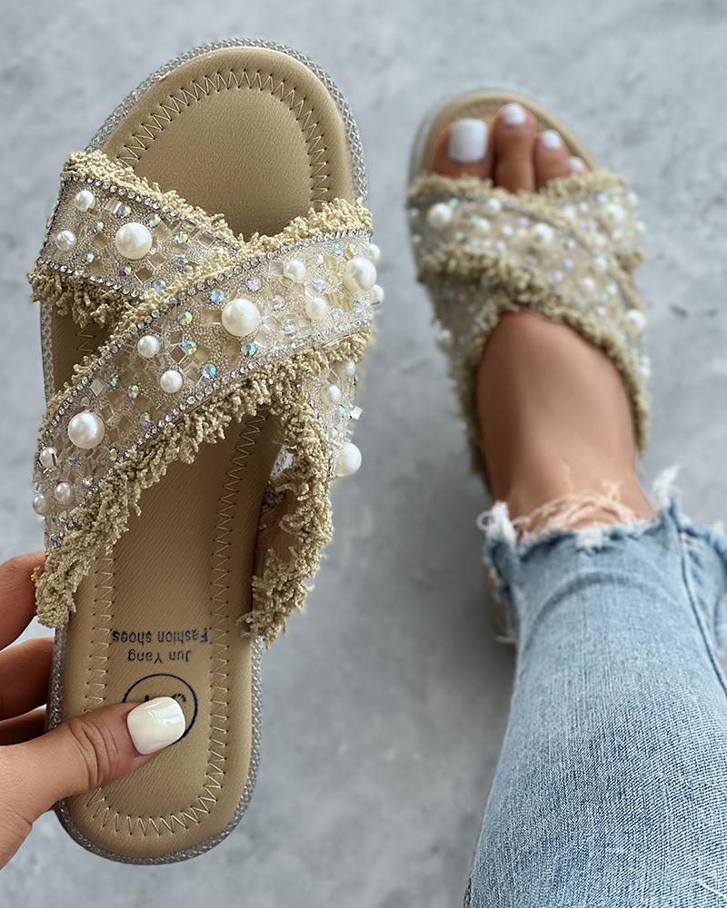 

Pearls Decor Fringe Hem Beach Bohemian Slippers, Yellow