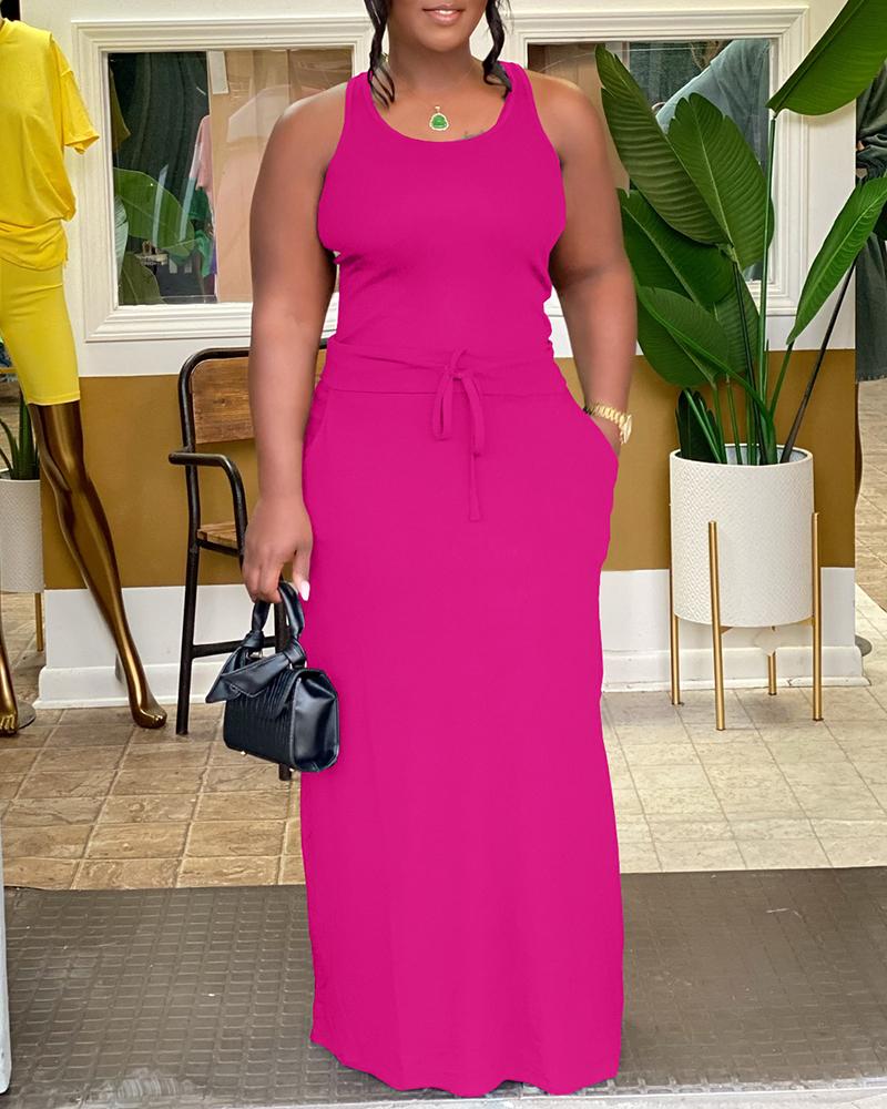 

Round Neck Pocket Design Maxi Dress, Hot pink