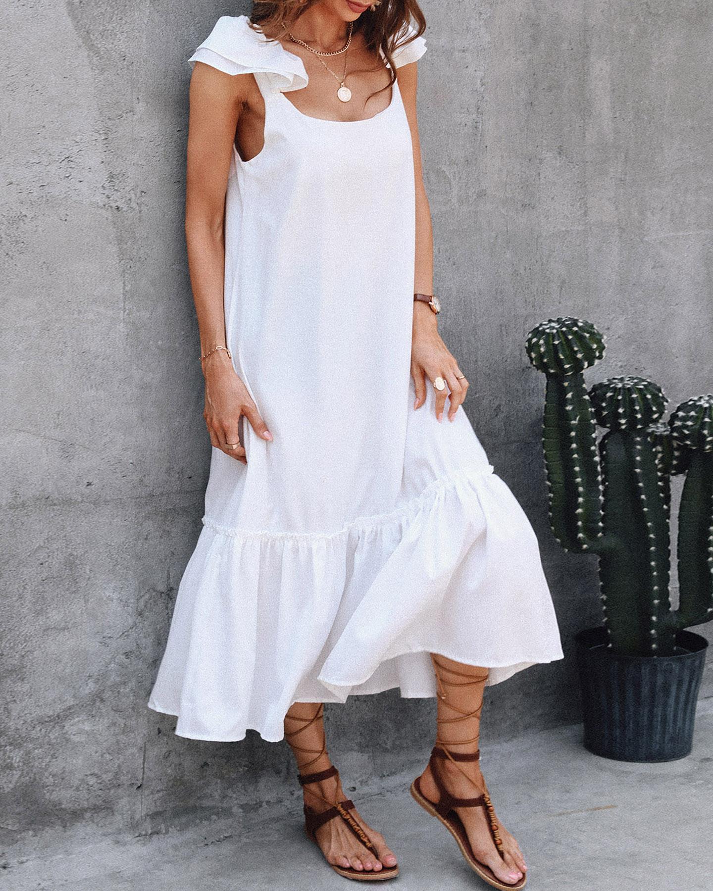 

Ruffles Ruched Casual Maxi Dress, White