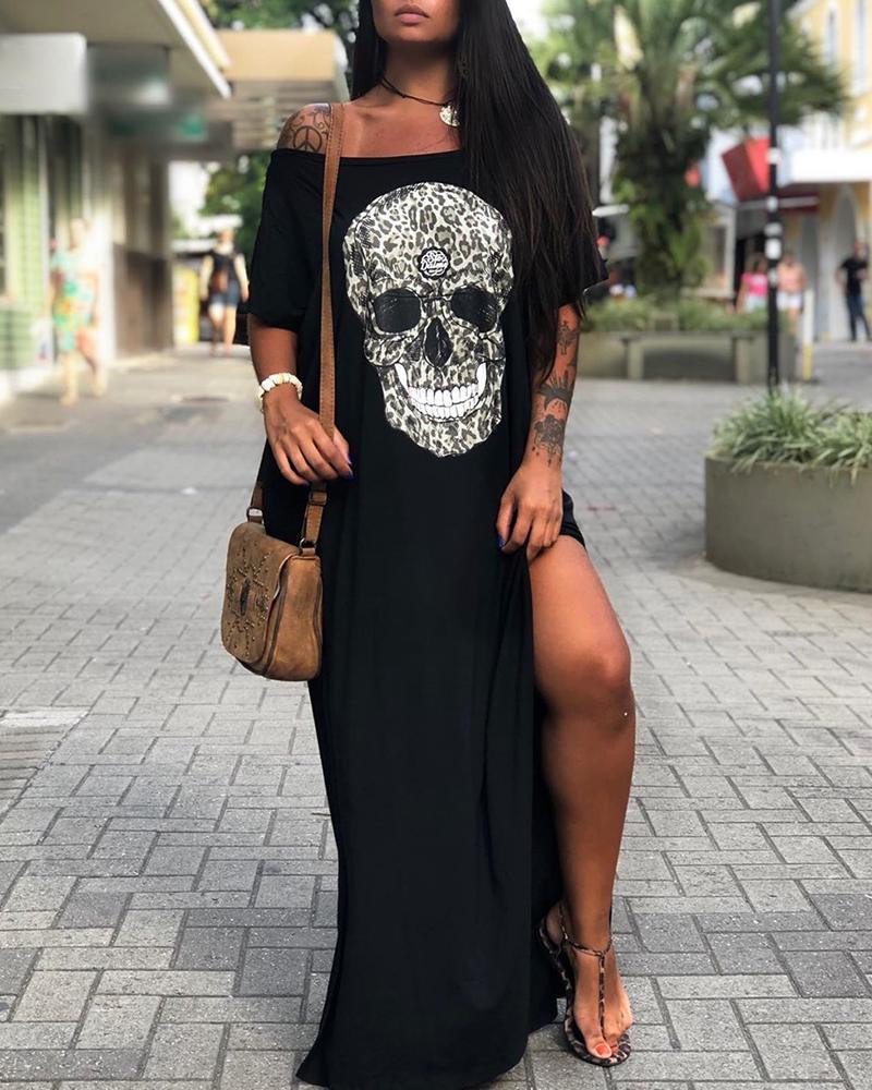 

Off Shoulder Skull Print Slit Maxi Dress, Black