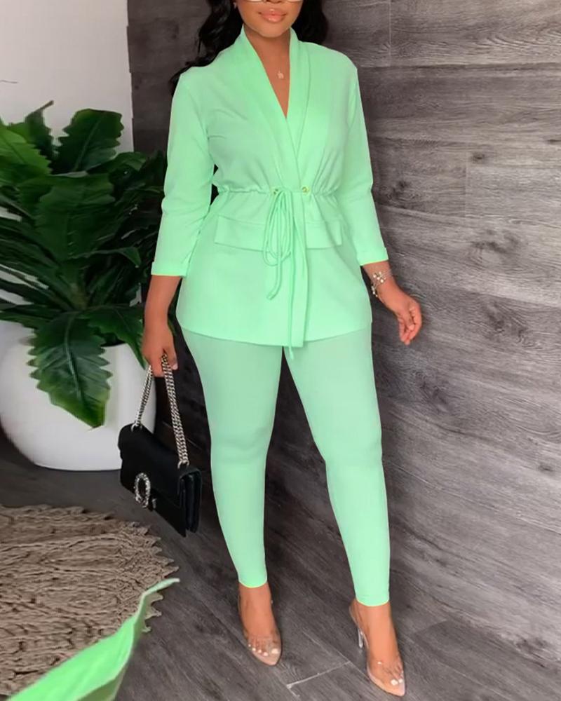 

Plunge Drawstring Long Sleeve Coat & Pants Set, Light green