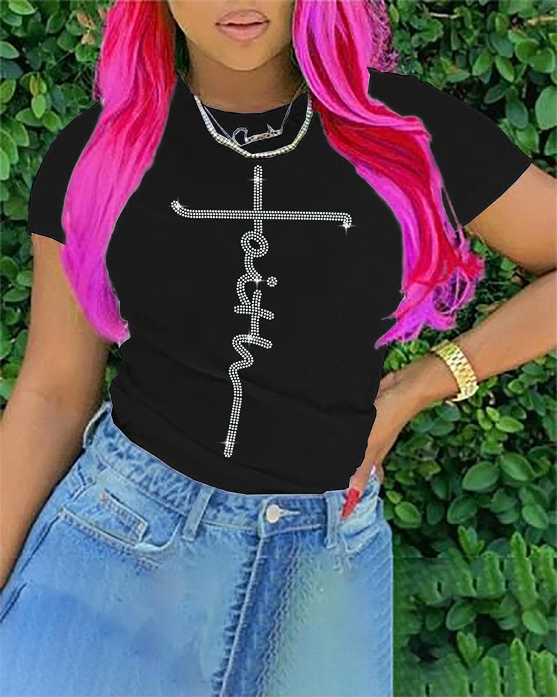 

Valentine's Day Rhinestone Letter Pattern Short Sleeve T-shirt, Black