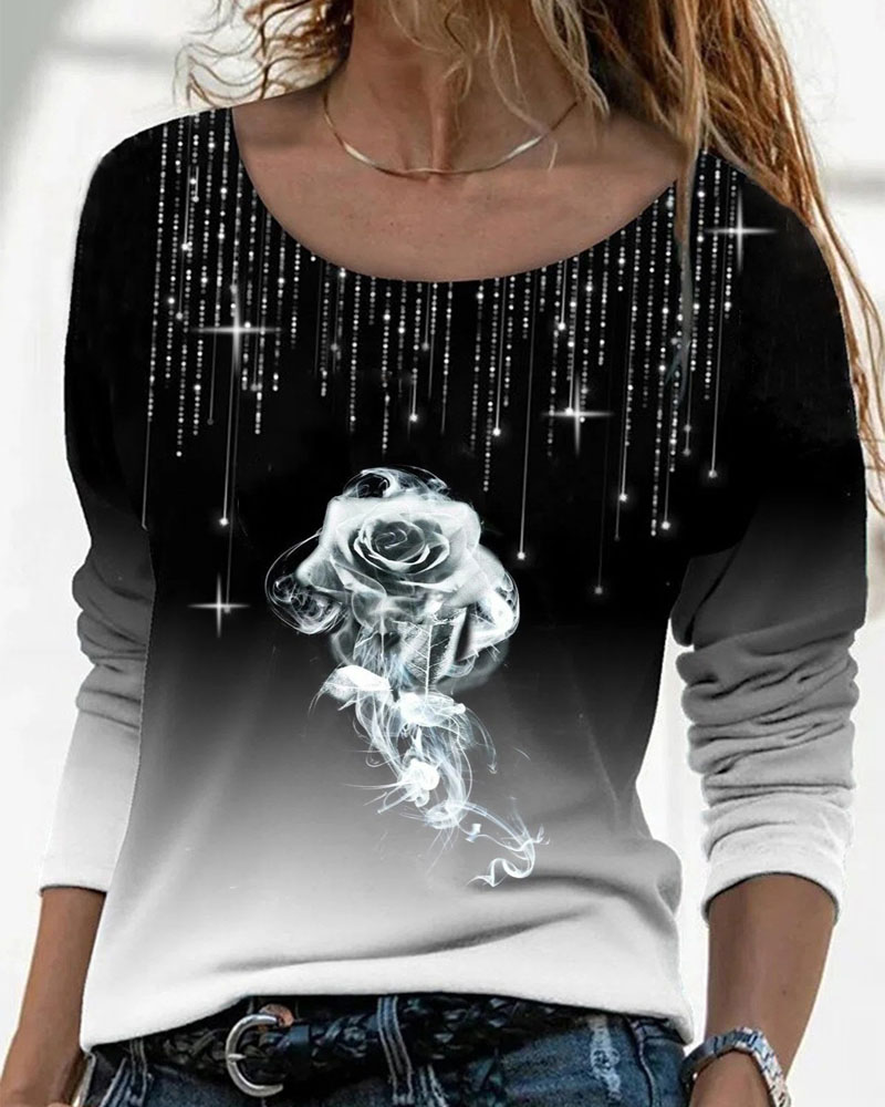 

Ombre Floral Print Long Sleeve Top Long Sleeve O Neck Casual Daily Shirt, Gray