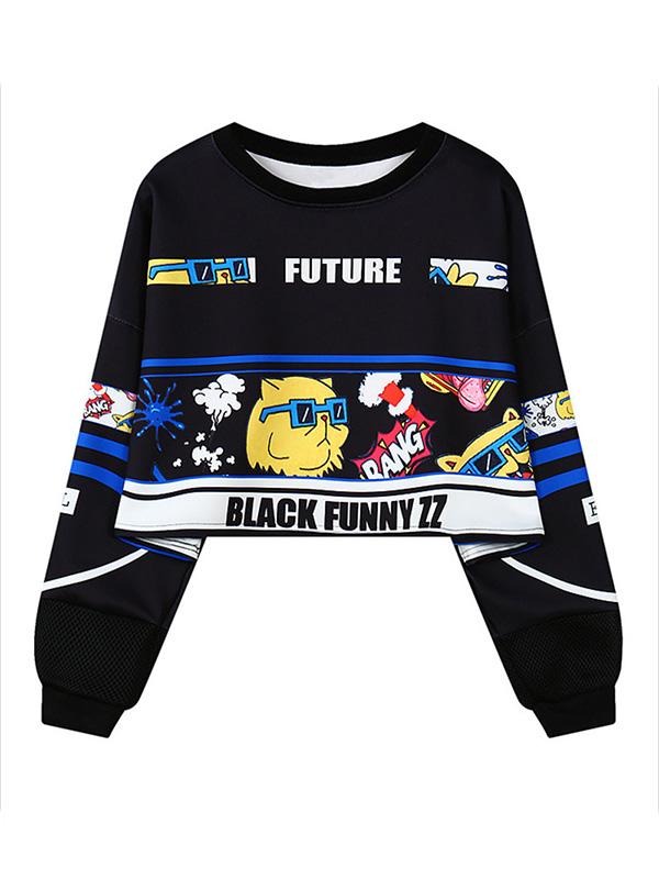

Women Crop Tops Autumn Style Character Printed Hoodies Pullovers Harajuku Sweatshirt, Black