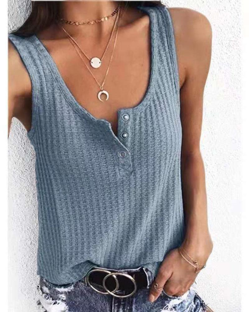 

Button Front Casual Tank Top, Blue
