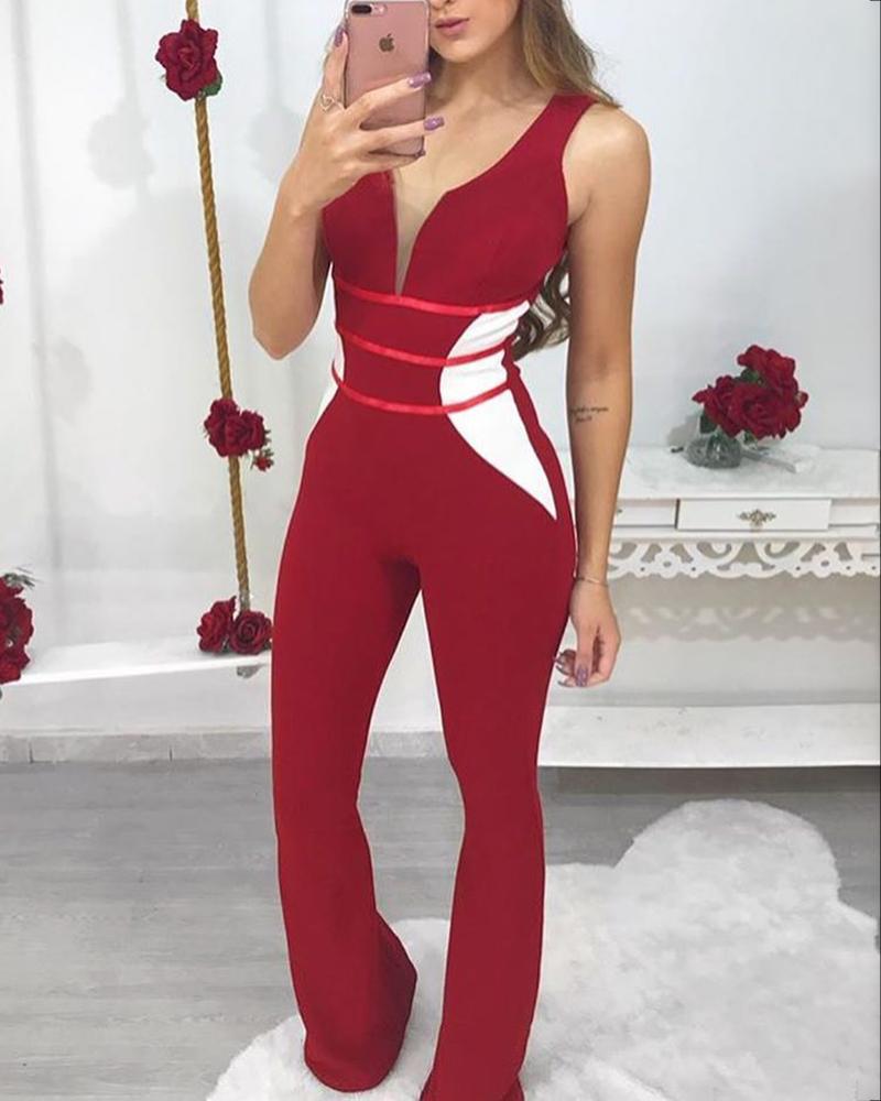 

Contrast Color Mesh Insert Jumpsuits, Red