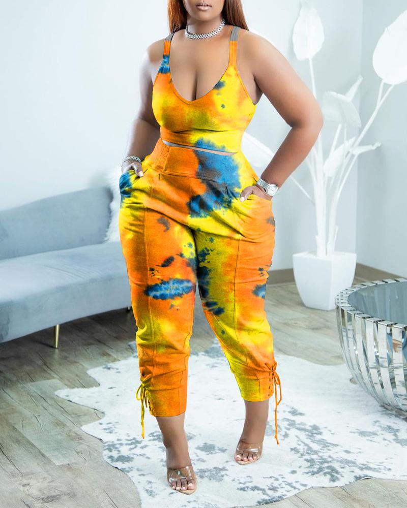 

Plus Size Tie Dye Print Crop Top & Eyelet Lace-up Pants Set, Yellow