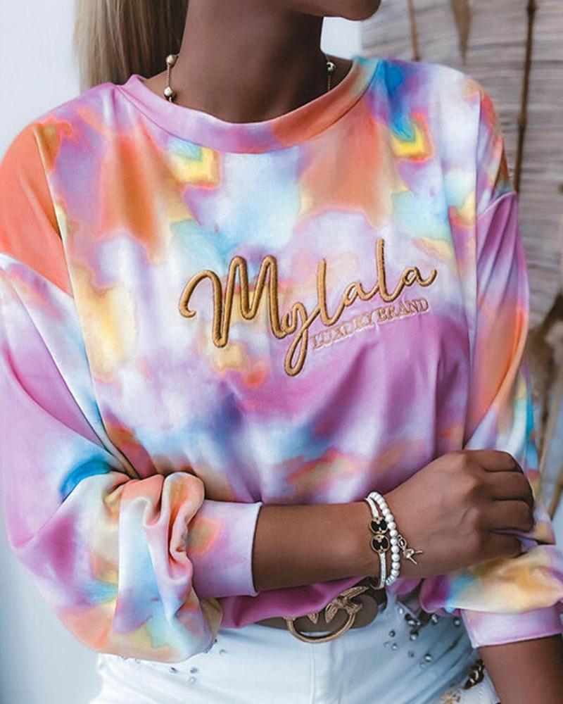 

Tie Dye Embroidery Letter Drop Shoulder Sweatshirt, Multicolor