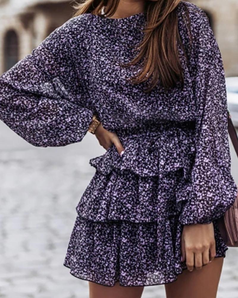 

Floral Print Layered Ruffles Lantern Sleeve Dress, Style1