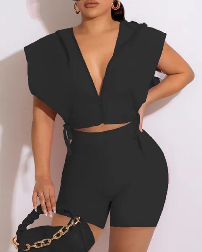 

Zip Up Tie Side Hooded Crop Top & Shorts Set, Black