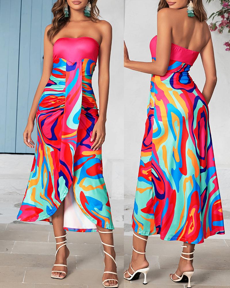 

Multi-Color Abstract Print Bandeau Ruched Slit Casual Tube Dress, Hot pink