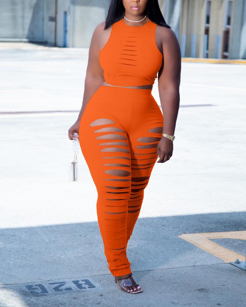 

Plus Size Ladder Cutout Crop Tank Top & Pants Set, Orange