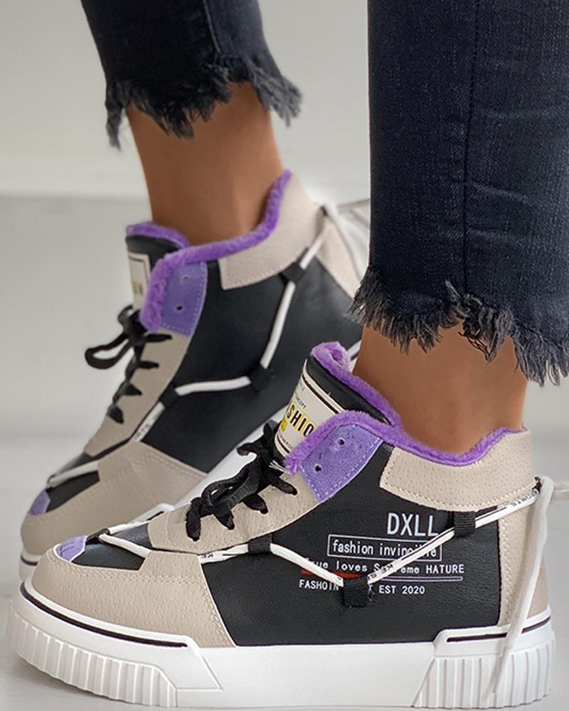 

Letter Print Colorblock Lace-up Warm Sneaker, Black