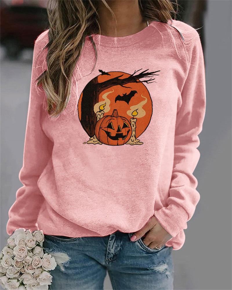 

Plus Size Halloween Graphic Print Long Sleeve Top, Pink