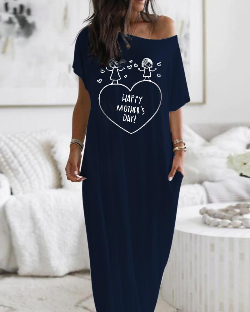 

Heart Print Short Sleeve Casual Dress, Dark blue