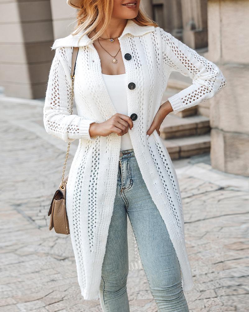 

Buttoned Hollow Out Long Sleeve Cardigan, White