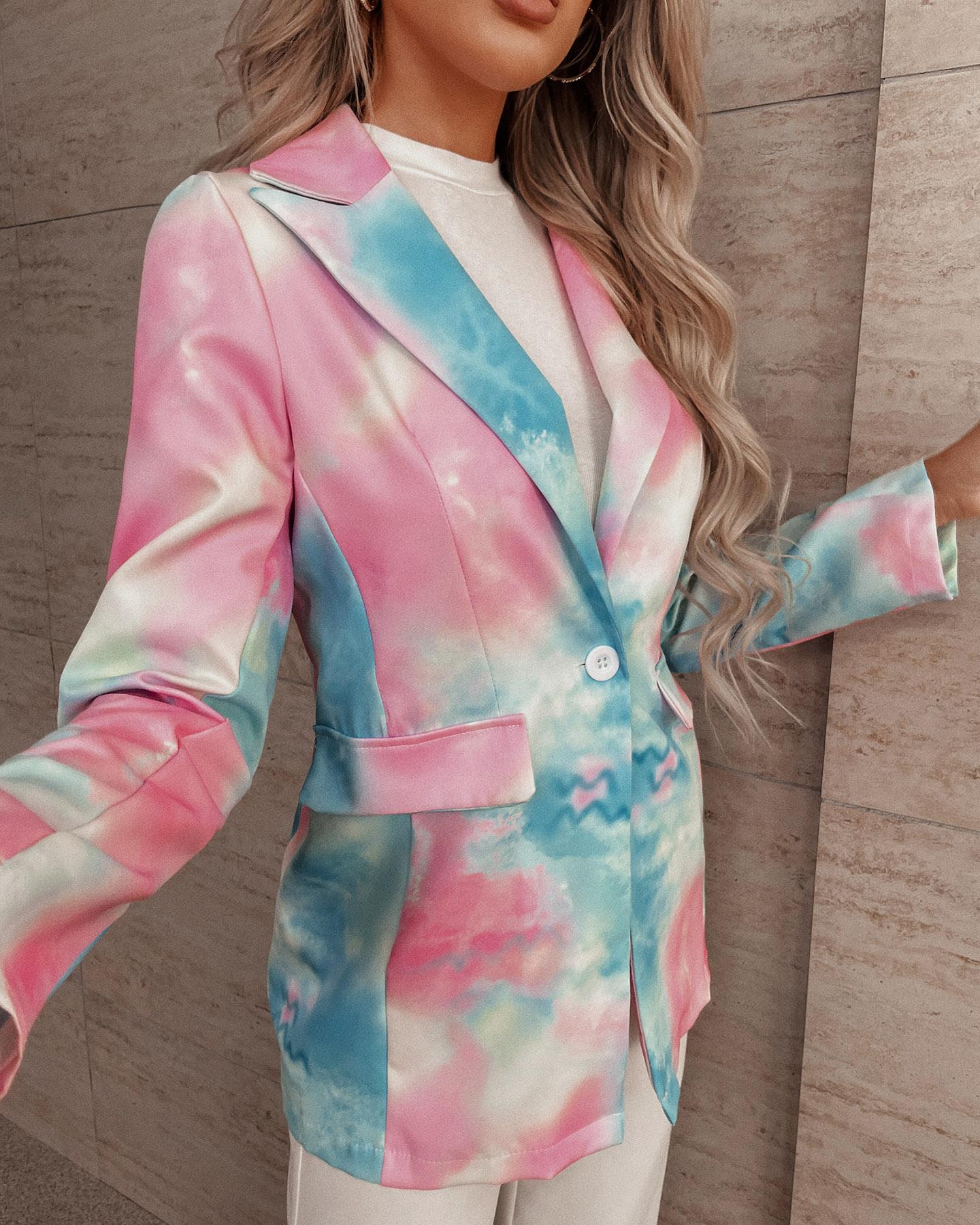 

Tie Dye Print Single Button Pocket Design Blazer Coat, Multicolor