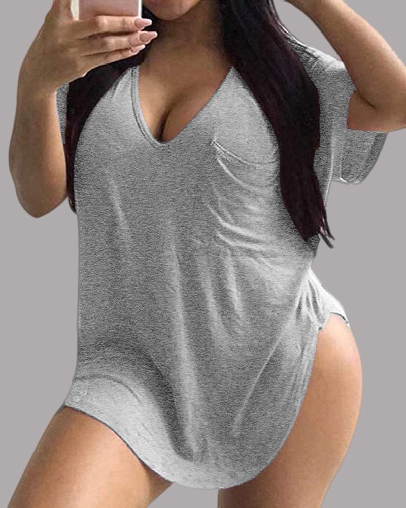 

V Neck Short Sleeve Casual T-shirt, Gray