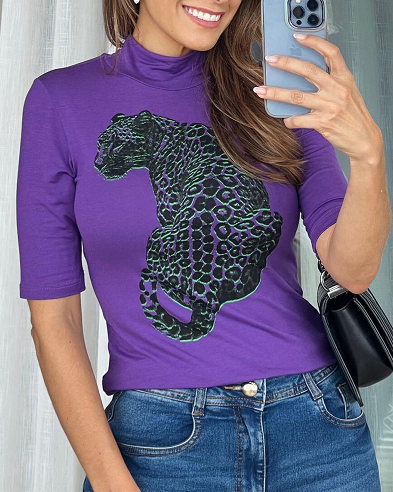 

Leopard Print Mock Neck Casual Top, Purple