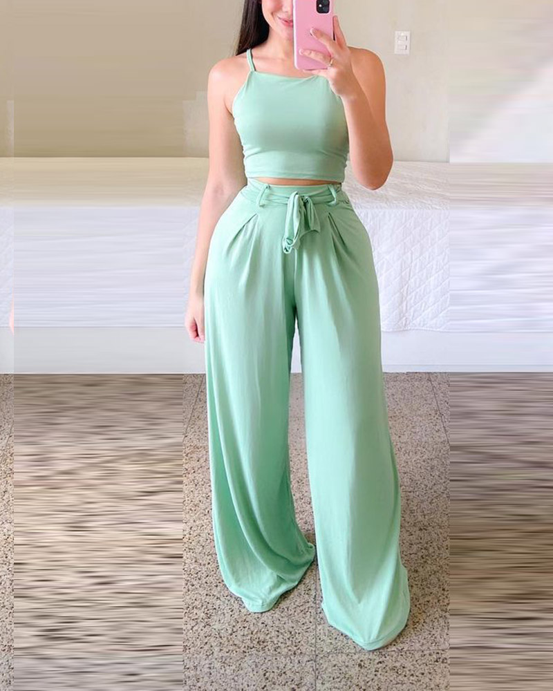 

Crop Cami Top & Wide Leg Pants Set, Green