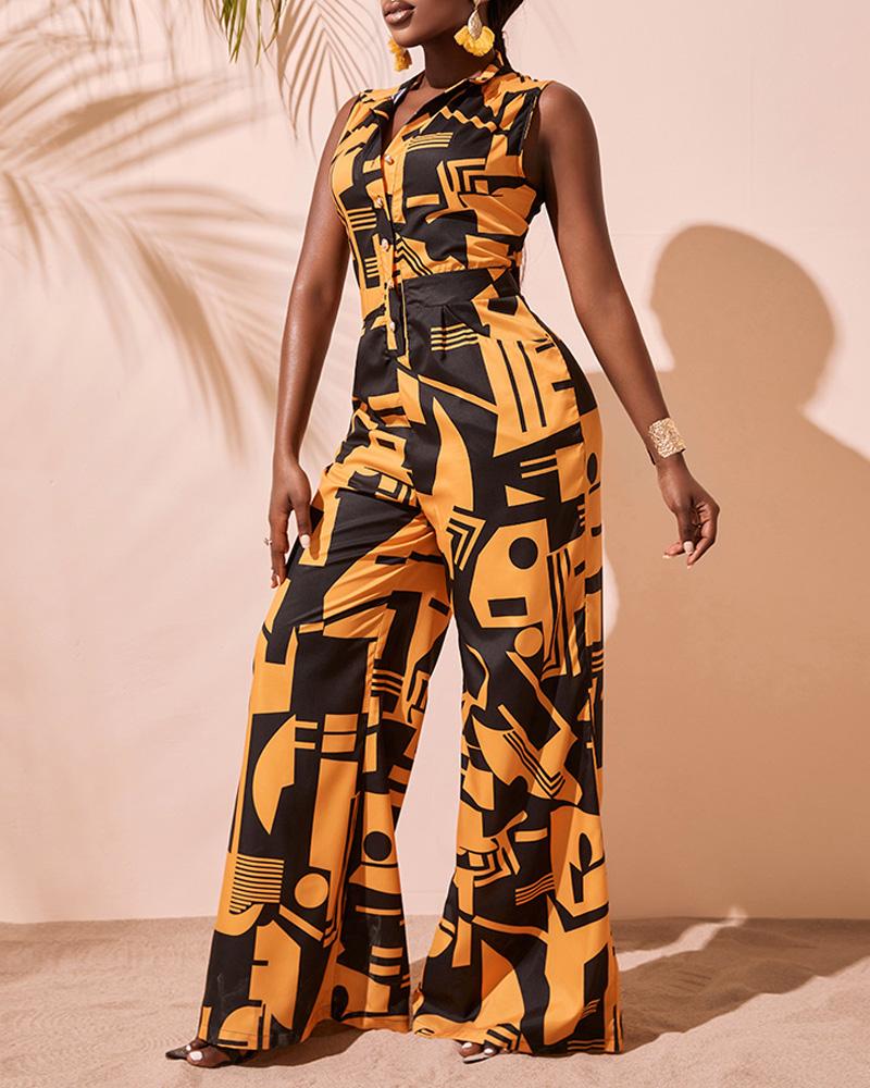 

Geo Print Button Front Wide Leg Jumpsuit, Yellow
