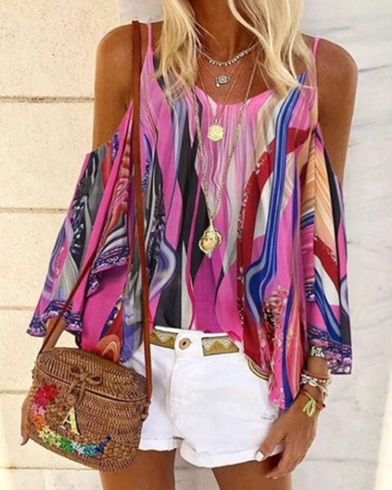 

Abstract Print Cold Shoulder Top, Hot pink