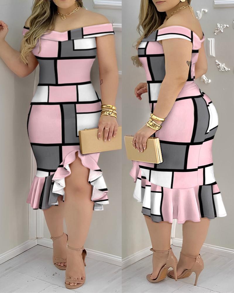 

Robe moulante décontractée à volants et épaules dénudées, imprimé écossais coloré, coupe slim, mi-longue fendue, Pink