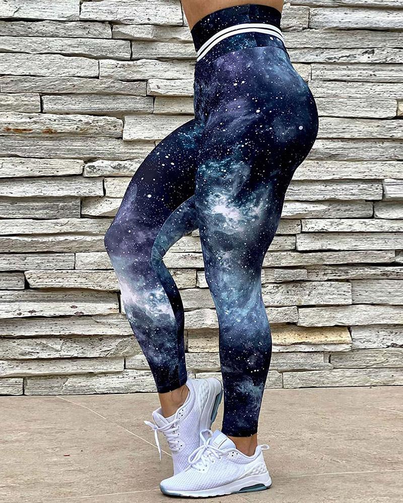 

Galaxy Striped Print High Waist Leggings, Dark blue