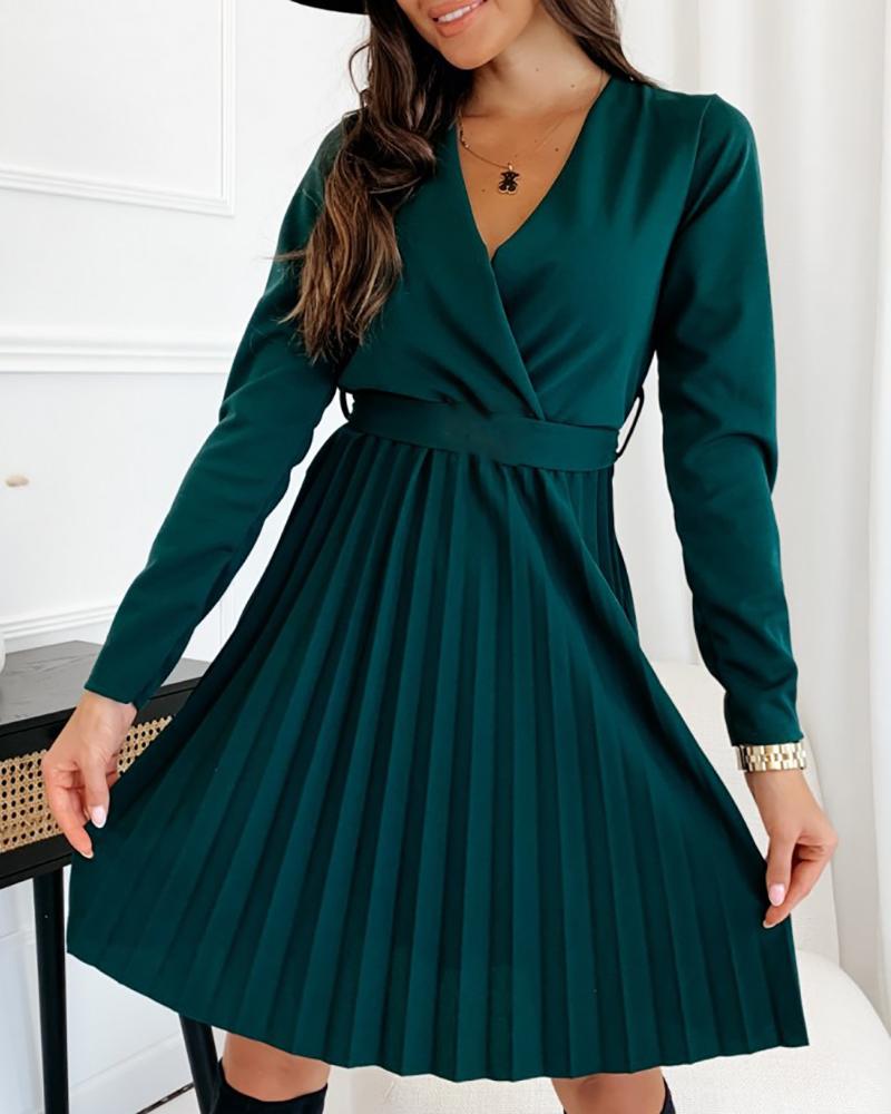 

V Neck Long Sleeve Pleated Work Dress With Belt, Green