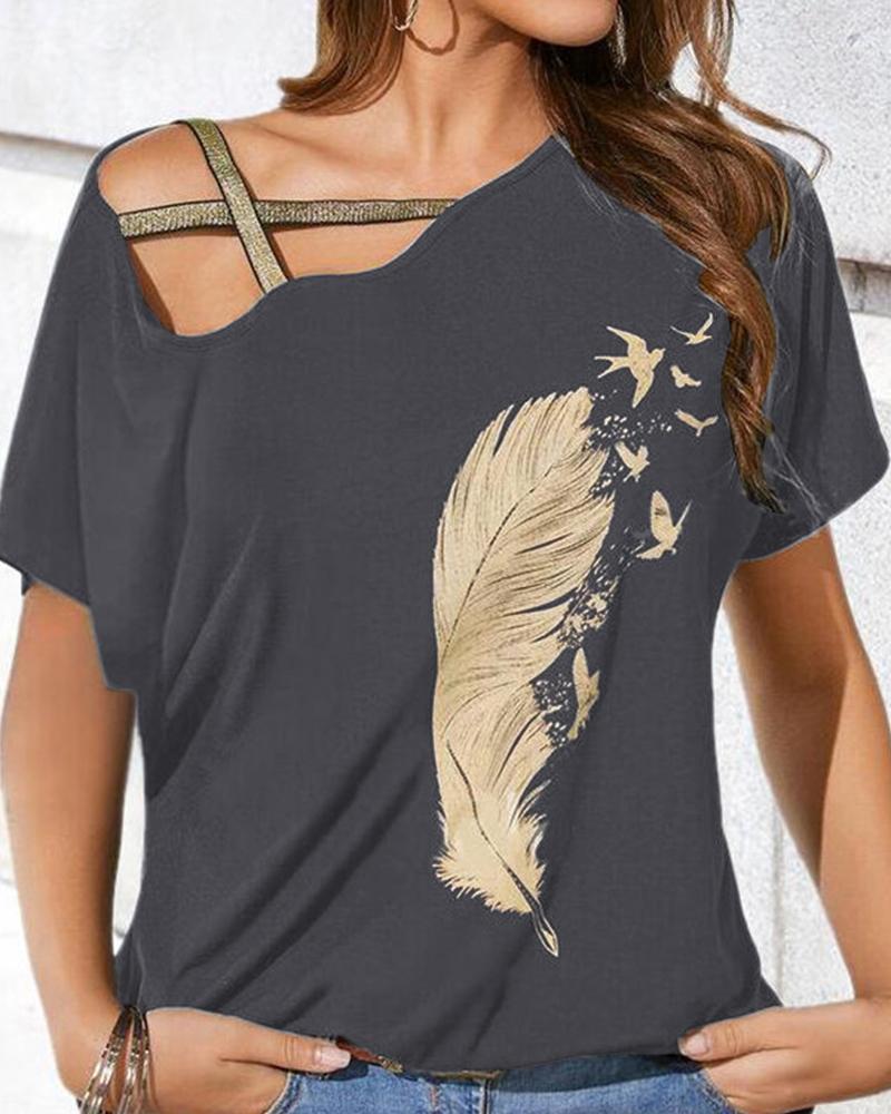 

Feather Print Hollow-out Short Sleeve T-shirt, Gray