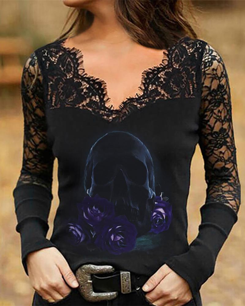 

Halloween Skull Floral Print Contrast Lace Long Sleeve Top, Style1