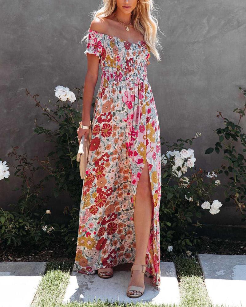 

Floral Print Crisscross Shirred Off Shoulder Slit Maxi Dress, Style4