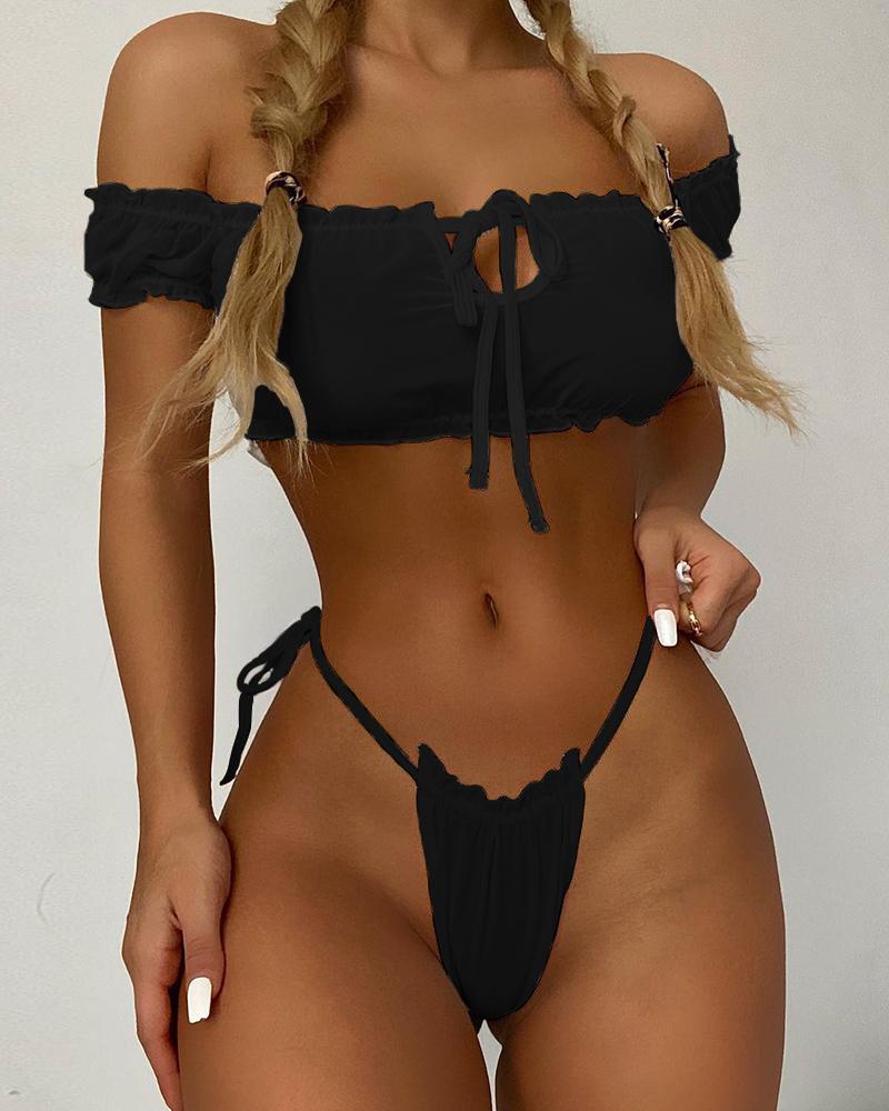 

Off Shoulder Frill Hem Tie Front Crop Top & Thong Bikini Set, Black