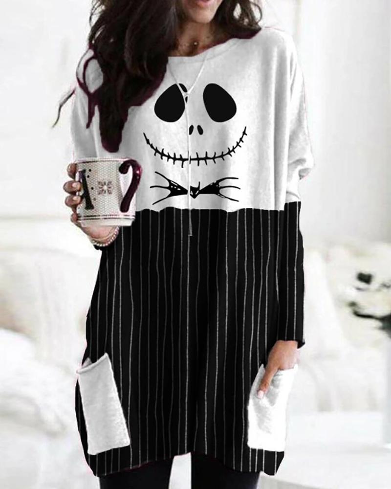 

Halloween Scared Face Print Pockets Design Women Top, Black