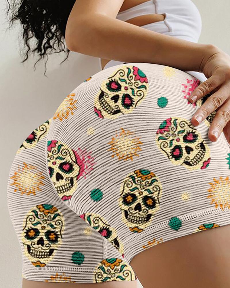 

Multicolor Skeleton Print Skinny High Waist Shorts, Khaki