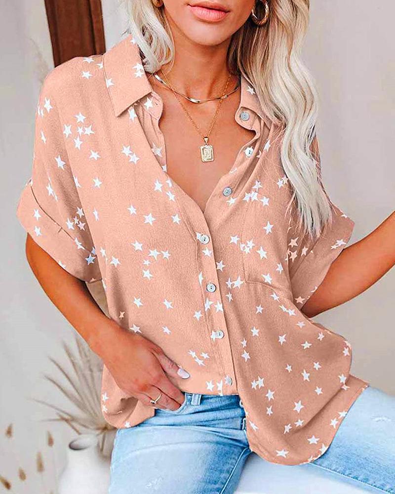

Buttoned Pocket Design Star Print Short Sleeve Shirt, Pink