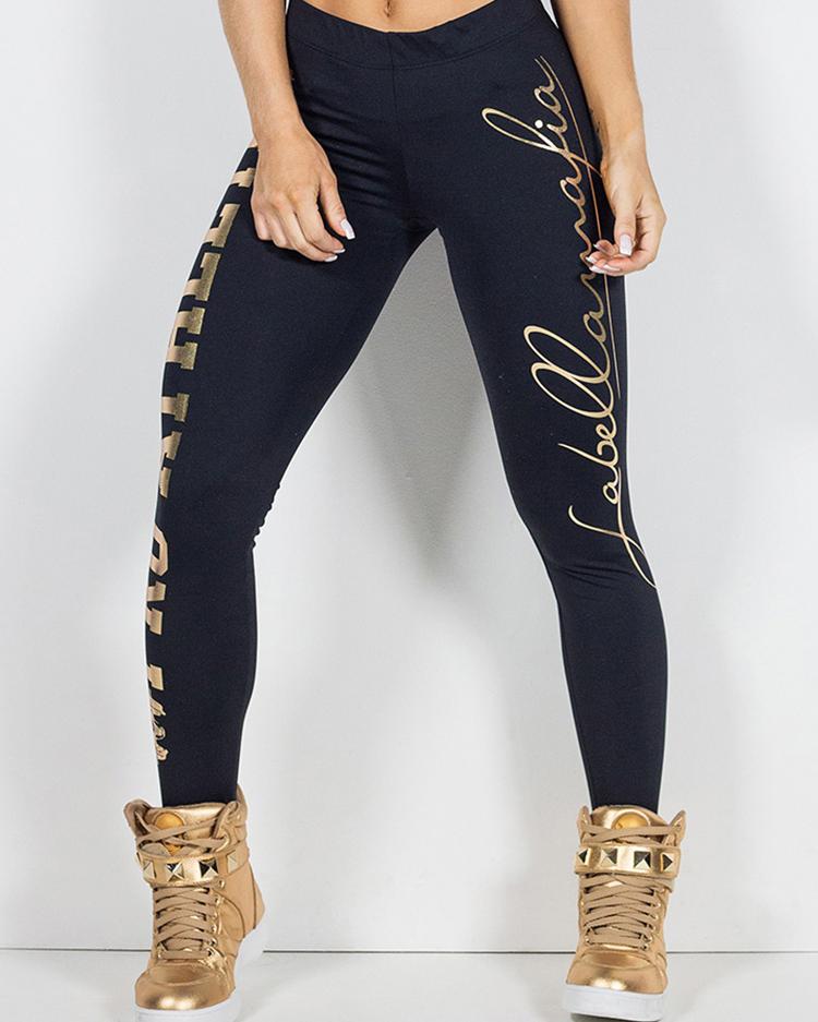 

Fashion Letter Print Sports Leggings, Black
