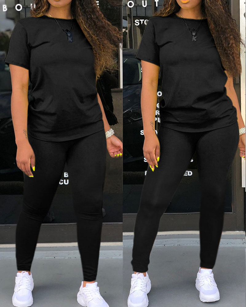 

Plus Size Plain Short Sleeve Casual Top & Pants Set, Black