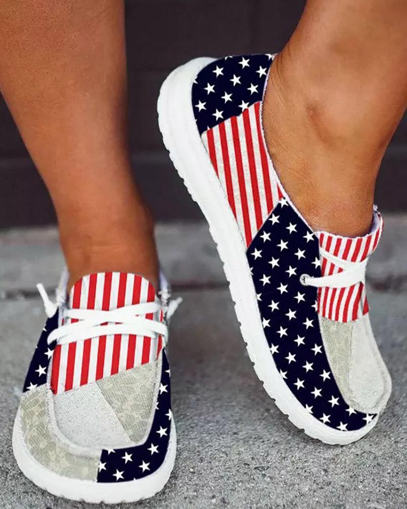 

Flag Pattern Lace-up Slip On Canvas Sneakers, Multicolor