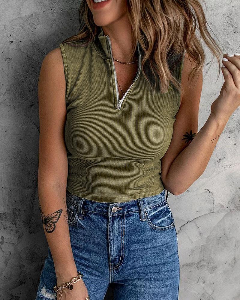 

Zip Front Ribbed Crop Tank Top, Green