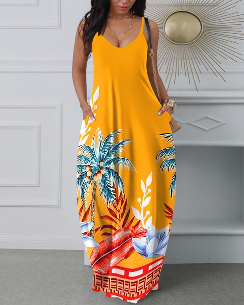 

Tropical Print Spaghetti Strap Pocket Design Casual Dress, Yellow